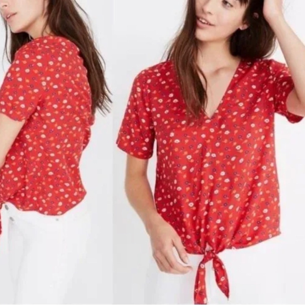 Madewell Red Floral Tie Front Blouse Top Cottagecore Boho Medium Viscose